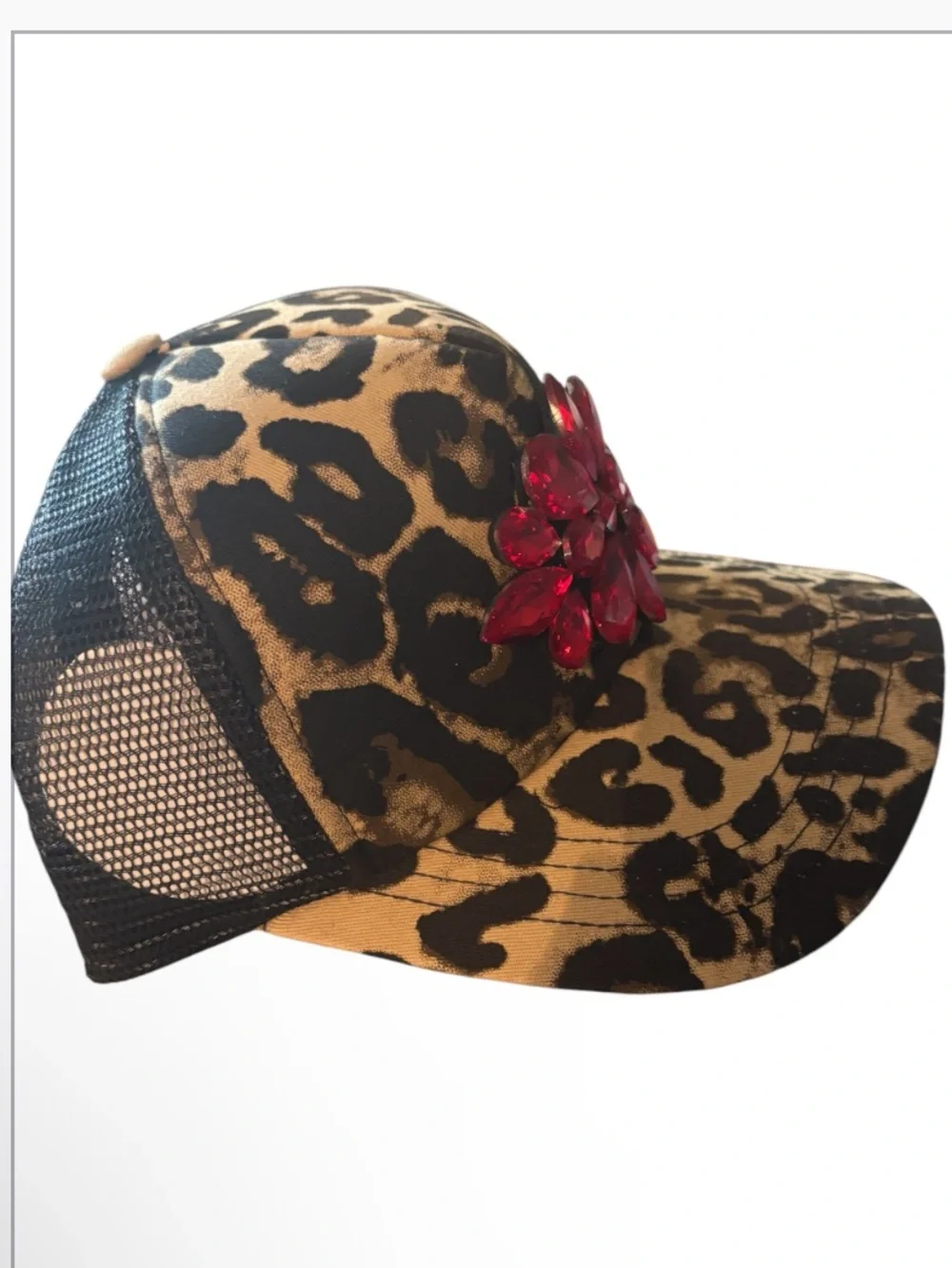 Leopard Print Mesh Trucker Cap with Red Gem Statement Flower